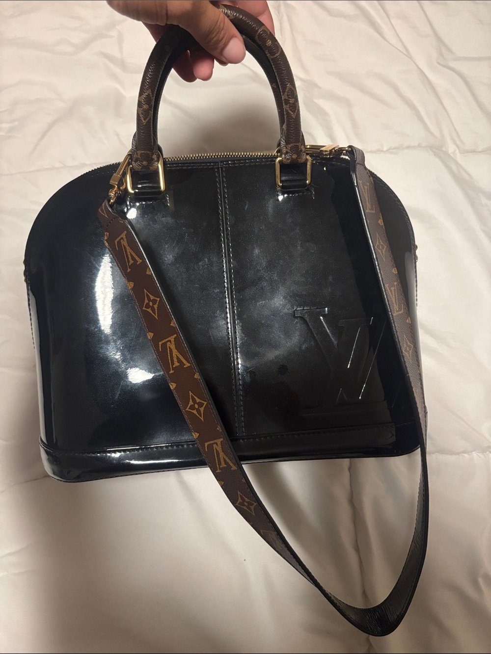 Louis Vuitton Black Vernis Alma Satchel with Monogram Strap